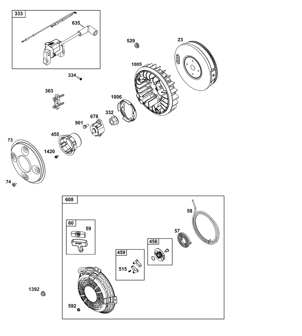 Flywheel, Ignition, And Starter Group Diagram and Parts List for 386442-0467-G1  Briggs and Stratton Engine